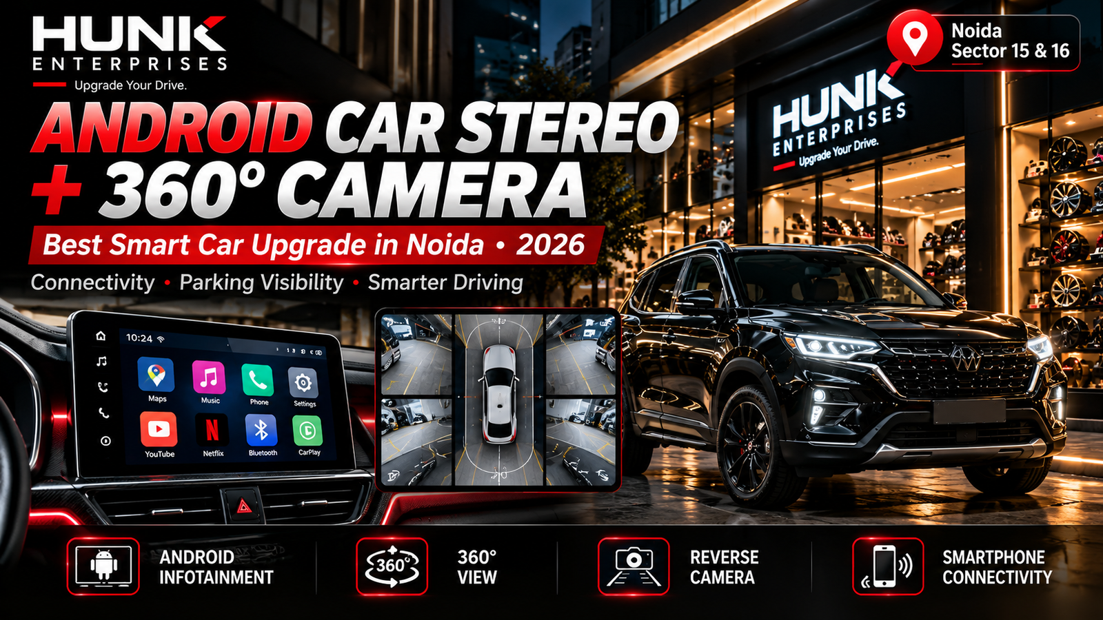 Android car stereo Noida with 360 camera installation