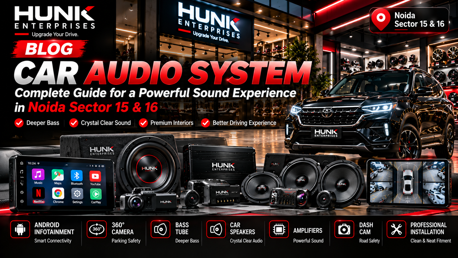 car audio system in Noida with speakers bass tube amplifier and Android stereo