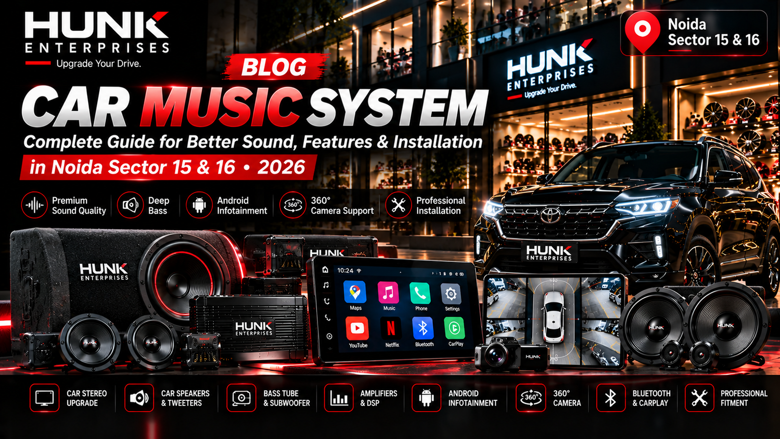car music system in Noida Sector 16 with stereo speakers bass tube and Android infotainment