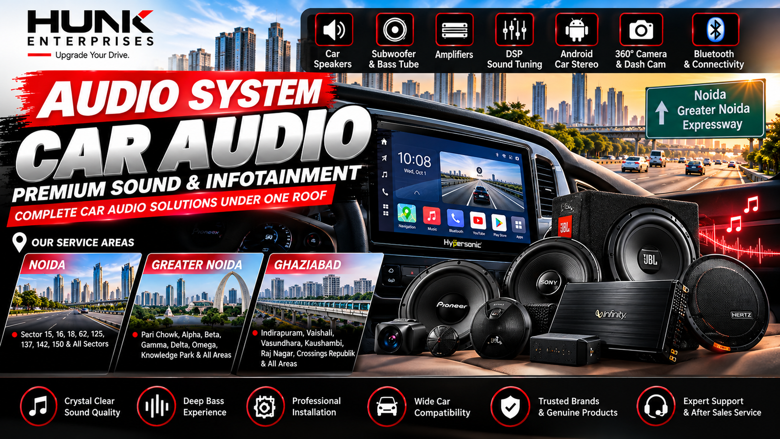 audio system car audio upgrades in Noida Greater Noida and Ghaziabad by Hunk Enterprises